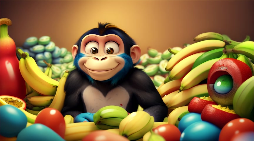 cartoon representataion,Chiku hides behind a big pile of bananas, peeking out cheekily.