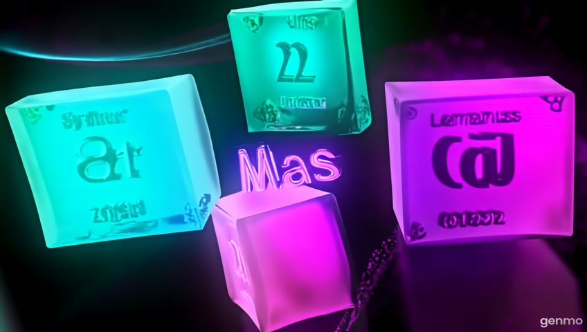 Create a high-fidelity, cinematic 3D animation inspired by the Solana colour palette—featuring glowing neon gradients of teal, cyan, deep purple, plasma green, and solar orange.

In the centre, display the phrase “Mass 210” in soft-edged, glowing typography. Animate the word “Mass” with a rhythmic pulse, radiating digital energy outward like a gravitational force.

Orbiting around the core are four ultra-polished, glass-like crystalline elemental blocks:

Sulphur (S, 32.06)

Oxygen (O, 15.999)

Lanthanum (La, 138.905)

Sodium (Na, 22.990)

Each element should appear as a semi-transparent, bevelled cube with intense refraction, radiant internal glows, and Solana-toned reflections. They float with depth in a zero-gravity environment, like futuristic mineral data cores.

The background features a stylized, softly blurred 3D periodic table, fading into a digital void. Subtly illuminate the numbers 2, 1, and 0 in Solana's signature colours, integrated as part of the grid’s design—hinting at a cosmic code.

Animate dynamic energy tendrils in neon Solana gradients weaving between the elements, symbolizing atomic flow and cosmic circuitry.

The full scene should glow with layered luminescence, rich shadows, and 3D volumetric depth—evoking a theme of digital alchemy, quantum mass, and futuristic harmony.