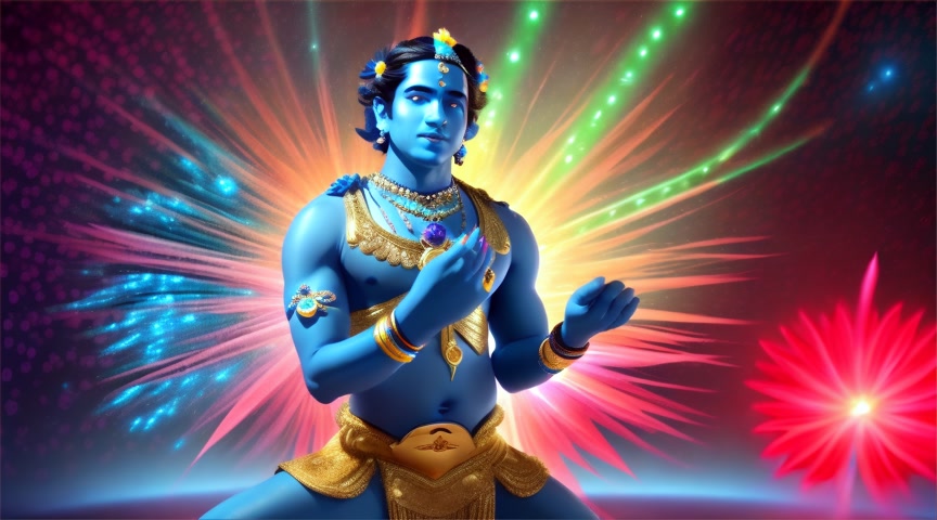 far away in the distance on a distant star we see the dancing feet and legs of Bejeweled blue skinned male Krishna dancing flamenco on a star in the neon  milky way galaxy. Growing from the ground at happy faced Krishna feet are giant flowers of lotus,  roses, hibiscus flowers, sunflowers.