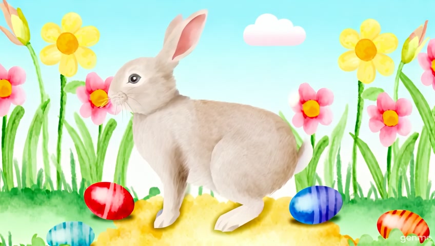 Easter bunny hopping down a sunny path, hiding colorful eggs among flowers, watercolor illustration, whimsical, storybook style