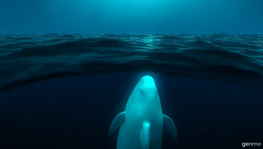 Split-scene view: from above, a narwhal fades into the darkness of the sea. From below, its white belly disappears against the shimmering surface. Polar bear and orca silhouettes search in vain