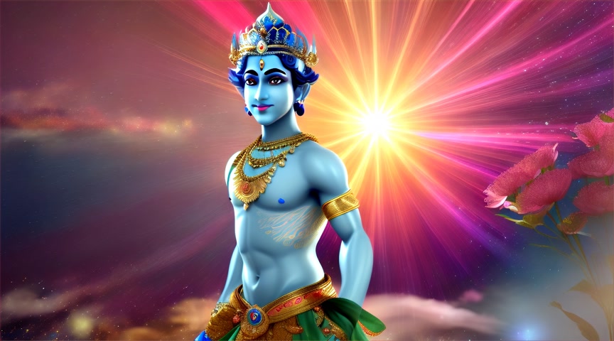 Background galaxies with planets. Viewed from a far distance. Bejeweled blue skinned male prince Krishna with a clear charming face. "Krishna twirling a wand up high casting spells while walking up a hill "facing the camera". Surrounded by mountains of blossoming flowers of roses, hibiscus flowers, sunflowers, lotus flowers