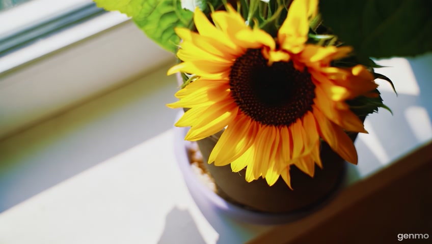 Scene 1: Soft morning sunlight filters through a window. A sun flower pot sits on a windowsill.
