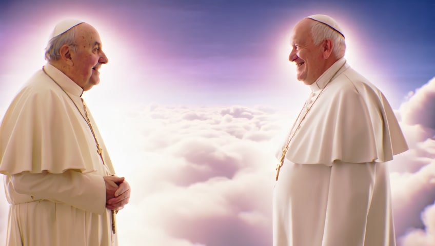 Šťastný papež František se v nebi setkává s usměvavým papežem Janem Pavlem II.