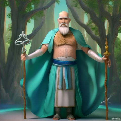 On green screen: Head-to-toe view of a thin, blue-skinned, bald, beardless old man with bright white eyes, wearing a long toga of grayish skin with blue highlights, holding a large wooden staff topped with a tangle of roots