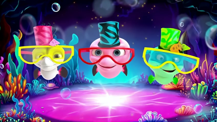 3D cartoon style Bright, we see everything in neon under dark background  colorful underwater world with coral reefs, shiny seashells, and smiling fishes doing neon party preparations is on shimmer light dance floor,party neon glasesed and cap