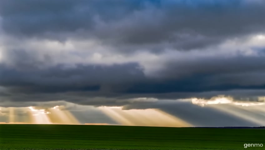 heavy gloomy sky over the field, rays of sun break through the clouds