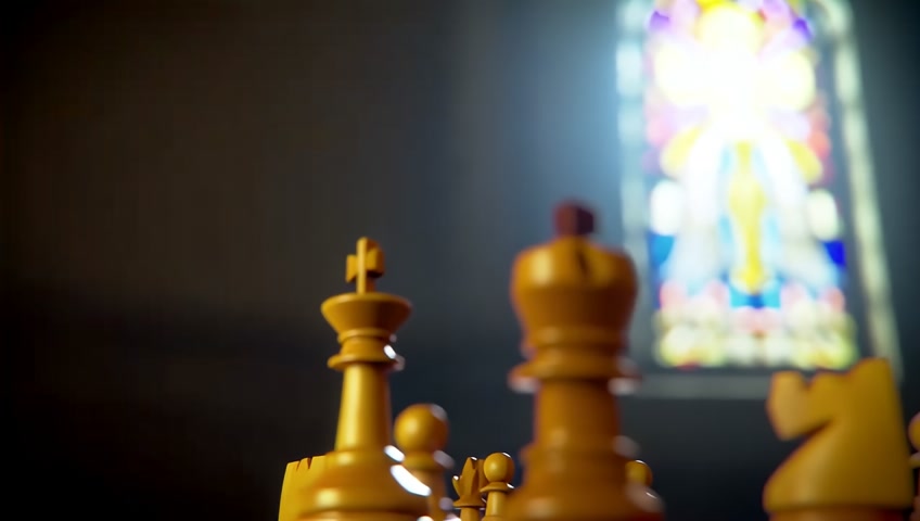 Dimly lit room. Light beams in the distance reveal dust in the air. Close up orbital shot. An old world fancy chessboard, a king piece sits and turns into a pawn as another chess piece obstruct the view of the king as the camera orbits. (church background with stained glass windows of holy imagery)