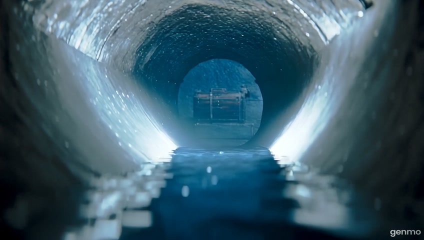 A realistic first-person view descending slowly through a narrow vertical underground shaft filled with water. The shaft walls are metallic and damp, reflecting light from a soft spotlight. Small particles float in the murky water. As the descent continues, a wider underground chamber appears at the bottom. Resting at the base of the chamber is an old wooden treasure chest with metal bands and a central lock. It is slightly tilted against a stone wall. The scene is calm, immersive, and cinematic, with soft underwater lighting and a quiet, mysterious atmosphere