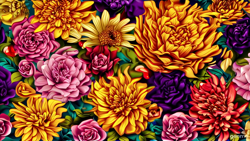 Wide-angle photograph of a large and abundant composition of PEONIES, DAISIES AND TULIPS, Art Nouveau flowers, bright and beautiful flowers, mostly golden, ochre-yellow, crimson-red, purple and muted pink, flowers made of crumpled paper and silk, high resolution