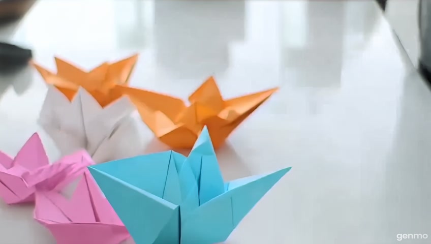 A time-lapse of paper cranes being folded and accumulating into a large group. The camera captures the art of origami and collective effort.