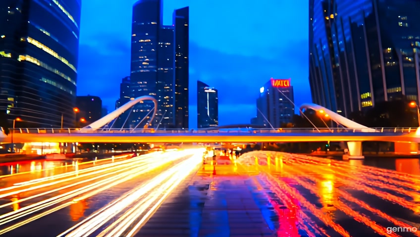 Atmospheric city bridge at twilight: a striking, contemporary bridge, brilliantly illuminated, stretches across the heart of a vibrant, modern city. Sleek skyscrapers and dynamic urban architecture frame the scene, while streams of headlights and taillights sweep along the wet boulevard below, painting vivid light trails across glistening pavement. The bridge’s elegant structure stands out, seamlessly integrated with the cityscape, its lines and details sharply defined. Pedestrians move through the frame, their silhouettes rendered as soft, ghostly figures by the long exposure, adding a sense of energy and motion. The composition balances the golden glow of streetlights and building windows with the deep blue of the evening sky, creating dramatic contrast. Reflections of city lights shimmer on the rain-soaked ground, amplifying the urban atmosphere. Captured with a Sony A7III, ISO 100, f/2.8, 2-second exposure on tripod for maximum clarity and luminous effect-professional cityscape style, emphasizing both architectural grandeur and the pulse of city life