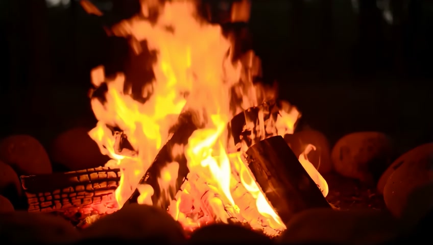 A close-up shot of a campfire crackling in the dark woods. The camera focuses on the flames and glowing embers, creating a cozy atmosphere.