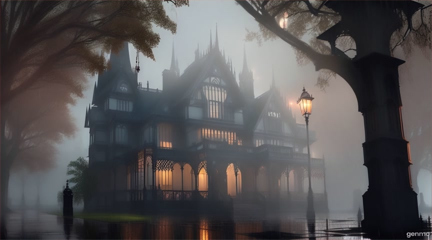 Animate a gothic mansion in the rain, its intricate architecture glowing softly from within. The rain falls heavily, creating a shimmering effect on the steps and streets. Mist drifts around the base of the mansion, and the light from the lamps flickers gently, casting eerie shadows. IMPORTANT: Keep the camera completely still — no zoom, pan, or tilt. Animate only the rain, mist, and light flickers.