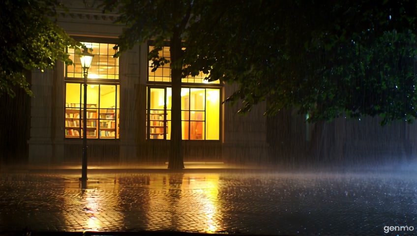 Animate a peaceful, cinematic scene of a quaint old bookstore on a quiet, rainy evening. The bookstore has large front windows filled with bookshelves and warm lighting inside. Outside, the cobblestone street is wet, reflecting soft yellow lamplight. the surrounding trees have dark green leaves lightly moving in the breeze. Add a soft rain falling vertically, with puddles forming and faint mist drifting across the sidewalk. IMPORTANT: No camera movement at all — no zoom, pan, tilt or motion. Keep the frame completely static. Animate only subtle environmental elements like rain, mist, tree movement, and light flickers.
