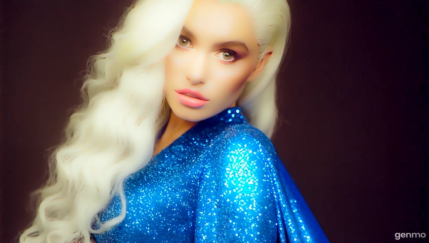A runway photograph of a stylish female model with cascading platinum blonde hair and bright eyes. She models a ultramarine sequined jumpsuit and cape. The image has a warm, slightly dark tone with a gentle and soothing atmosphere. Soft saturation, hard light.