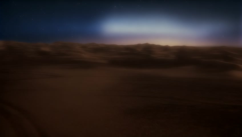 Martian landscape at dusk, completely silent and still. The camera slowly pans over wind-swept dunes, abandoned rover tracks, and distant hills. A faint aurora glows on the horizon. Ethereal mood, space ambient lighting, artistic framing.