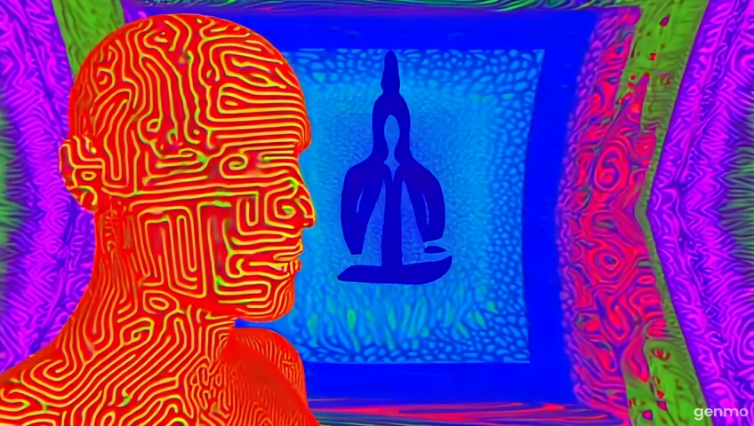 Perfect Hiperrealistic and the Psychedelic abstract style, reds, yellows, blue, translucent human front in profile, illuminated internal labyrinths or neural networks, textured unconscious background, Tron style, minimalist prayer, folded paper appearance, geometric precision. Zoom back