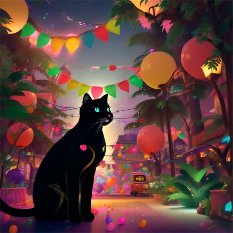 3D cartoon style  quiet, cozy town at night. black cat at a jungle-themed disco party with confetti and balloons.