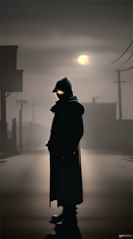 killer's face on a dark street, wind. moon against the background of gloomy streets