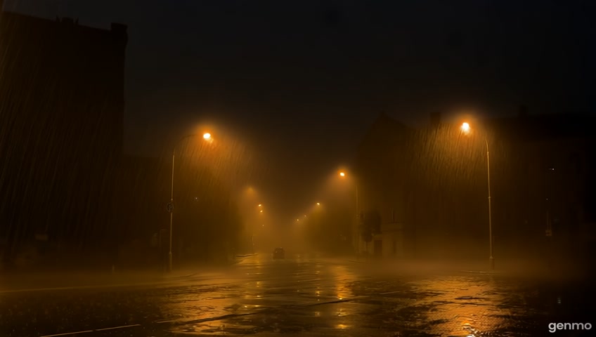 Animate a dark, rainy street scene at night with a long row of streetlamps casting warm light on the wet pavement. In the distance, a large, imposing building stands silhouetted against the dark sky. Mist rolls over the street and fog obscures the top of the building, creating an eerie atmosphere. The rain falls steadily, and occasional raindrops splash off the streetlamps. Keep the camera still — no zoom, pan, or tilt. Animate only subtle environmental elements like rain, mist, and light flickers.