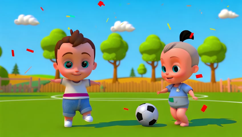 We play football with delight!"
Prompt: Toddlers in action poses, having fun playing soccer — some jumping, some giggling — with confetti or fun effects in the air.make it in 3d cartoons