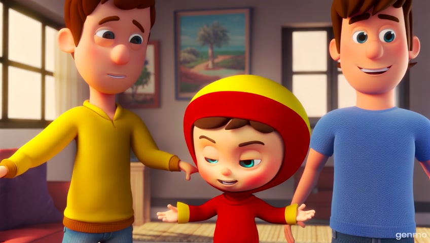 eine 3d pixaranimation eines kindes was sich verkleidet und die eltern stehen danebn