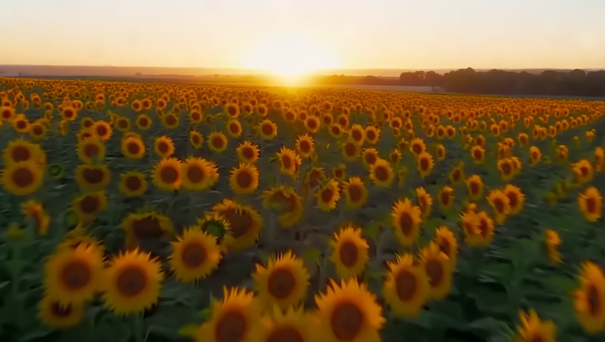 A wide-angle shot of a sunflower field facing the rising sun. The camera pans over the sea of yellow, symbolizing hope and new beginnings.