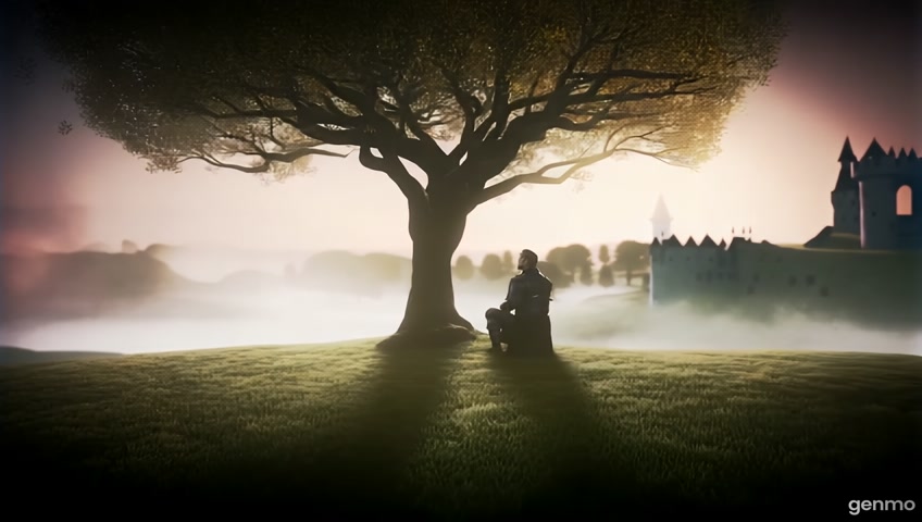 Generate an atmospheric animation of a lone knight sitting under a tree with the silhouette of a distant castle. The soft mist rolls over the hills, partially veiling the castle. The air is calm but the mist slowly shifts and changes. Do not move the camera. Only animate the drifting mist, light flickers in the background, and the soft movement of leaves on the tree. The final frame matches the first frame exactly to ensure a perfect infinite loop with no visible cuts.