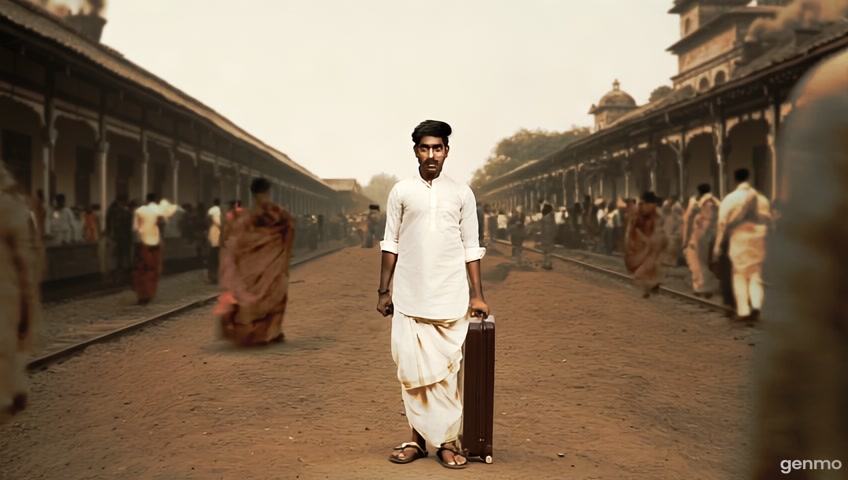 generate a cinematic video of A young South Indian Telugu man from the early 1900s, wearing a traditional white dhoti and shirt, with a neatly combed hairstyle, large expressive eyes, and a slightly confused or curious expression. He carries a small suitcase, stands in a busy railway station or a British-era Indian street, looking overwhelmed but determined. The background is vintage, with steam engines, colonial buildings, and people in old-fashioned Indian and British clothing. The scene should have a comedic yet nostalgic tone, reflecting his innocent and adventurous spirit." in 16:9 ratio