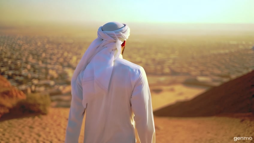 warm scene close up back of an arabian man in white arabian desert wear in ancient time walking down a mountain ontu ancient arabian town 1400 years ago, depth of field, far away