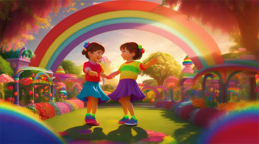 3D cartoon style All the children from above dancing together in a rainbow garden, each with their emotion emoji above their heads.
