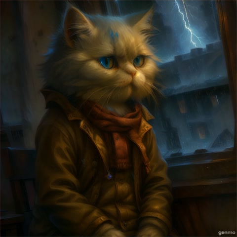 A fluffy anthropomorphic Persian cat blinks her eyes while seeing rain pouring outside window. Sudden lightning flashes outside the window