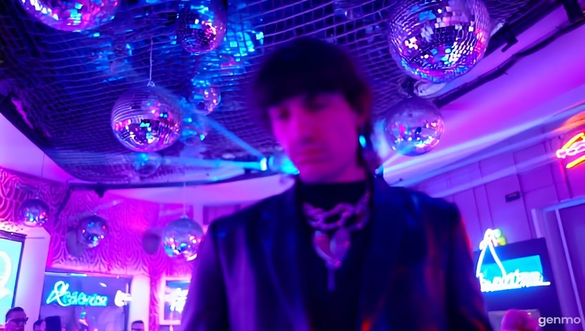 Close-up - beautiful loving eyes of a guy, she looks. blinks. A night bar, a table, stands a guy with dark hair, with long bangs. hair, in a black leather suit with jewelry, . The light of mirror balls sparkles and shimmers across the walls and ceiling, the floor sparkles with light, drive, crisp movements, clear eyes, multicolored beams of light, neon signs, natural colors, bright colors, intricate details, high detail, realistic, cinematic, studio photography, wide angle lens, half angle, sharp focus, best shadows, depth of field, ultra realistic detailed lighting, volumetric lighting, cinematic lighting, dramatic lighting, rays of light, movie, 8k, hdr, high resolution