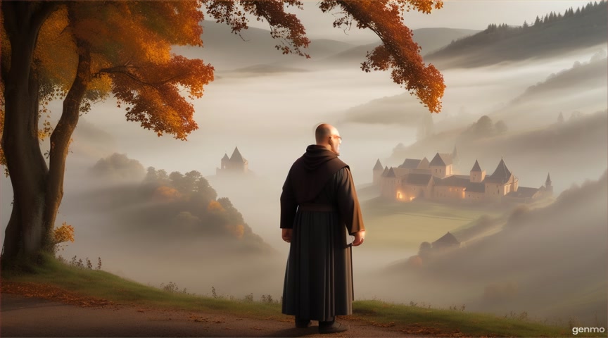Medieval monk facing a monastery deep in a valley, with thick morning fog rolling between hills. Autumn trees, warm tones. No movement, animate fog and distant tree sway only.