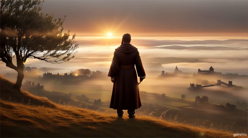 Templar in brown robes standing on a hill with wild grass, overlooking a distant fortress bathed in warm dawn light. No camera motion, just gentle breeze in grass and light mist animation. IMPORTANT: Keep the camera completely still — no zoom, pan, or tilt. Animate only subtle light shifts, a slight glow from the windows, and the movement of mist or shadows in the room. The final frame matches the first frame exactly to ensure a perfect infinite loop with no visible cuts.