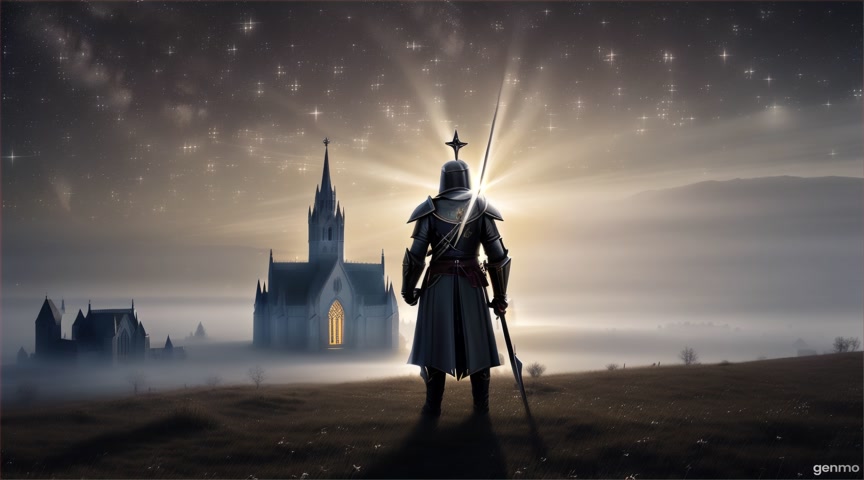 A Templar knight standing beneath a vast, starry sky, as the sounds of Gregorian chants echo from a distant church. Animate only subtle light shifts, a slight glow from the windows, the candlelights flickers, animate ambient fog and grass movement and the movement of mist or shadows in the room. IMPORTANT: Keep the camera completely still — no zoom, pan, or tilt. The final frame matches the first frame exactly to ensure a perfect infinite loop with no visible cuts.