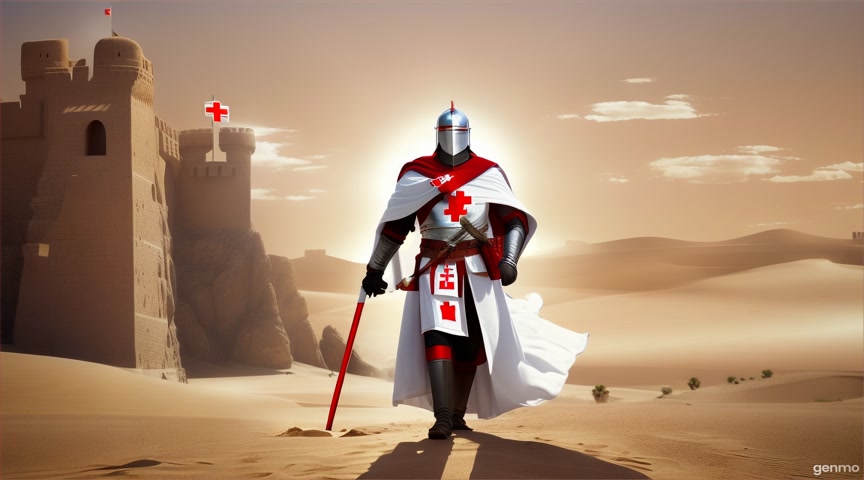 A battalion of knights in white cloaks with red crosses marching through the desert beside a fortress wall, under a blazing sun.
