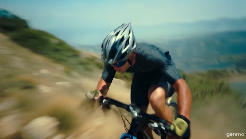 A dynamic shot of a cyclist racing down a mountain trail, dust kicking up. The camera follows closely, capturing the intensity and focus.