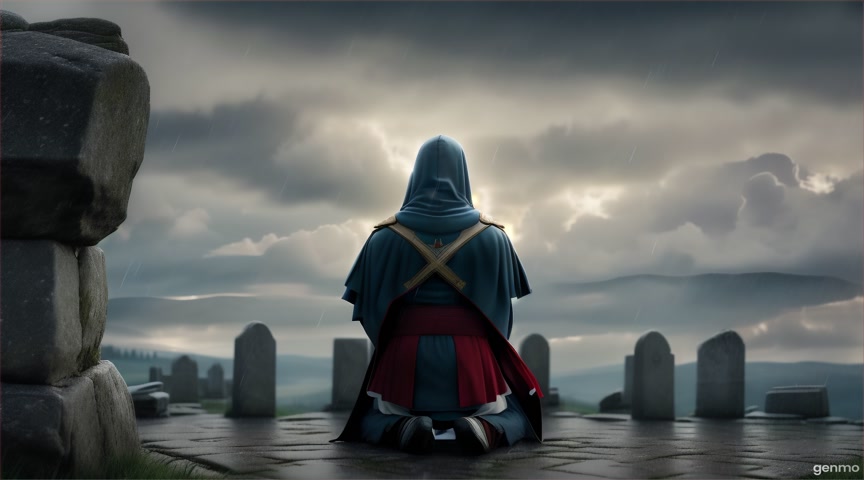 Templars praying at stone graves under a cloudy sky. Animate only cloud movement and light rain. IMPORTANT: Keep the camera completely still — no zoom, pan, or tilt. The final frame matches the first frame exactly with no visible cuts.