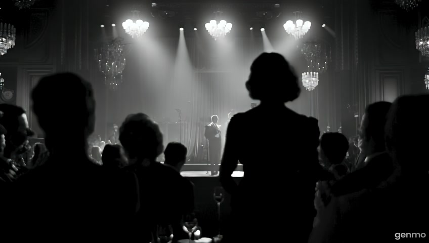 old gangsta footage in a club with a female singing on stage, black and white magical setting