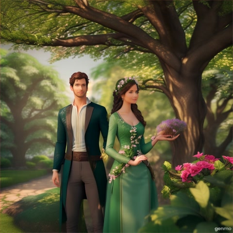 genera imagen de adan y eva en el eden siendo tentados por la serpierte