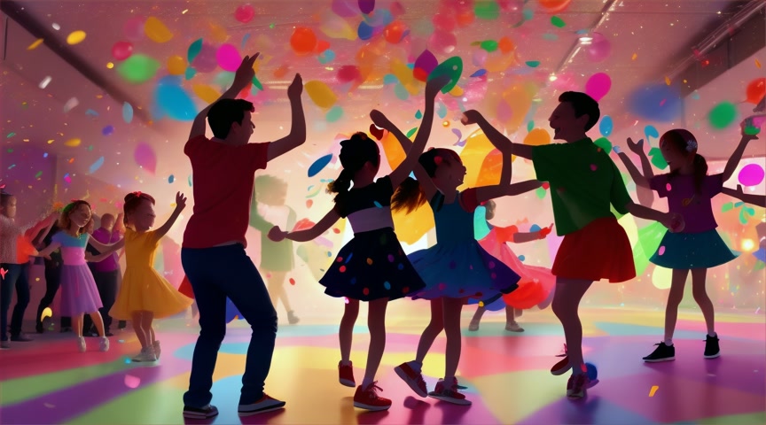Cartoon characters dancing , confetti falling, party lights, fun celebration theme for kids video"