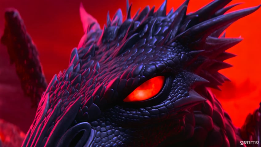Escena realista y cinematográfica. Colores principales rojos y negros. Personaje principal es un dragón con ojos rojos y sus escamas son negras. La escena realiza un close up a su ojo