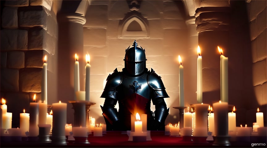 Animate a knight kneeling in a dimly lit room, surrounded by glowing candles. The soft flicker of candle flames creates a warm ambiance against the dark stone walls. The knight, adorned in shining armor with a red cross, remains still as the soft candlelight casts delicate shadows on his armor. IMPORTANT: Keep the camera completely still — no zoom, pan, or tilt. Animate only the flickering candle flames, the subtle movement of shadows, and light reflections on the knight’s armor.