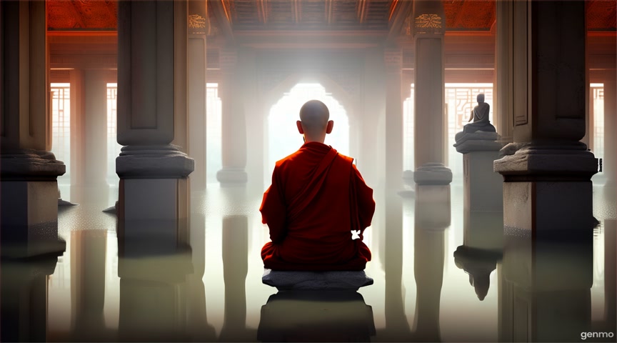 Faceless Monks seated in meditation on stone platforms in a flooded temple. Animate glowing water and candle reflection. IMPORTANT: Keep the camera completely still — no zoom, pan, or tilt. The final frame matches the first frame exactly, with no visible cuts.