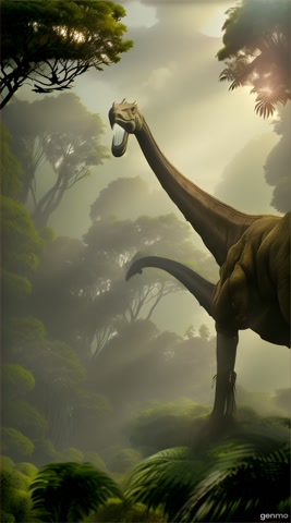 The dense jungle is alive with the sounds of ancient life—towering trees sway as massive herbivorous dinosaurs graze peacefully beneath their canopy. Gentle giants like the Brachiosaurus reach high into the trees, their long necks bending to nibble on leaves, while smaller, swift herbivores like the Triceratops wander in herds, their horns glinting in the filtered sunlight. The ground shakes as the mighty Tyrannosaurus rex stalks through the underbrush, its powerful legs propelling it forward with each thunderous step. Above, the sky is filled with the graceful flight of Pteranodons, their wings casting long shadows over the landscape. Velociraptors move swiftly through the undergrowth, their sharp eyes scanning for prey, while the distant call of a long-necked Apatosaurus reverberates through the forest. The land is alive with the rhythm of prehistoric life, a vibrant and wild world where dinosaurs roam, both on land and in the skies