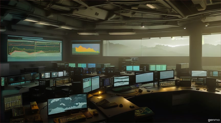 A highly detailed and atmospheric interior view of a dimly lit, slightly claustrophobic control room or monitoring station, possibly located within a remote facility in a forested region near El Tigre, Anzoategui, Venezuela. The room is filled with various pieces of technology, including glowing monitors displaying complex data, banks of buttons and switches, and cluttered workstations. The lighting is primarily provided by a few strategically placed, cool-toned overhead lights and the soft glow emanating from the screens, casting long shadows and highlighting dust particles in the air. Outside several large, multi-paned windows, a dense, humid tropical or subtropical forest is visible in the twilight or night, with hints of mist or fog adding to the mystery. The foliage should appear lush and possibly rain-soaked. Aim for a cinematic and slightly mysterious mood, with a strong sense of immersion and intricate detail in both the technological elements and the natural environment visible outside.