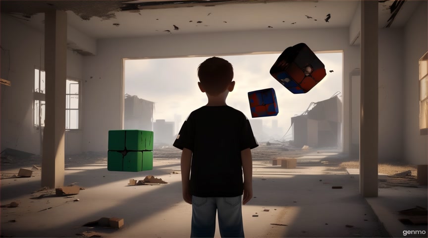 A child stares up at a hovering cube suspended above an abandoned town. Animate cube rotation and rising debris. IMPORTANT: Keep the camera completely still — no zoom, pan, or tilt. The final frame matches the first frame exactly, with no visible cuts.