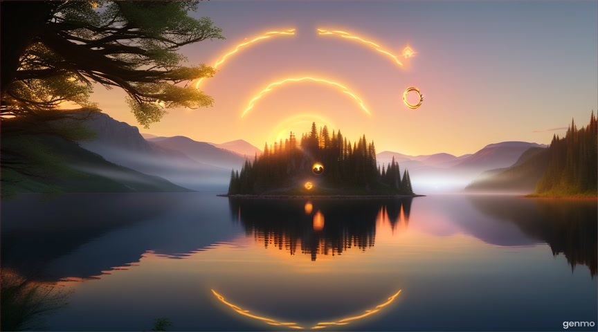 A glowing ring hovers above a mountain lake at dusk. Animate glow ripple on the water and soft breeze through the trees. IMPORTANT: Keep the camera completely still — no zoom, pan, or tilt. The final frame matches the first frame exactly, with no visible cuts.